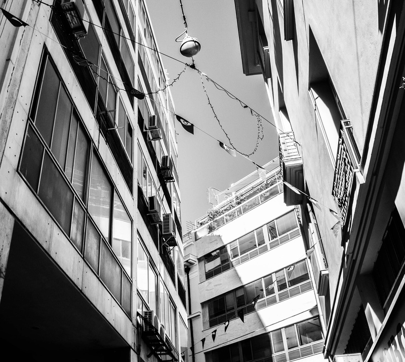 2K, outdoors, ermou, apartment, cable, modern, no people, blackandwhite, reflection, street, lighting equipment, residential district, building exterior