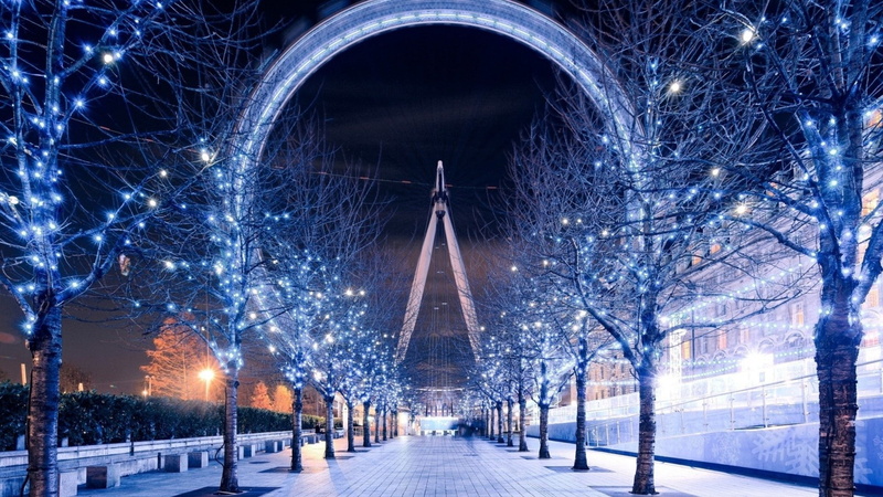 the way forward, path, lighting equipment, treelined, snowing, architecture, travel destinations, 1080P, illuminated, Christmas Lights, building exterior