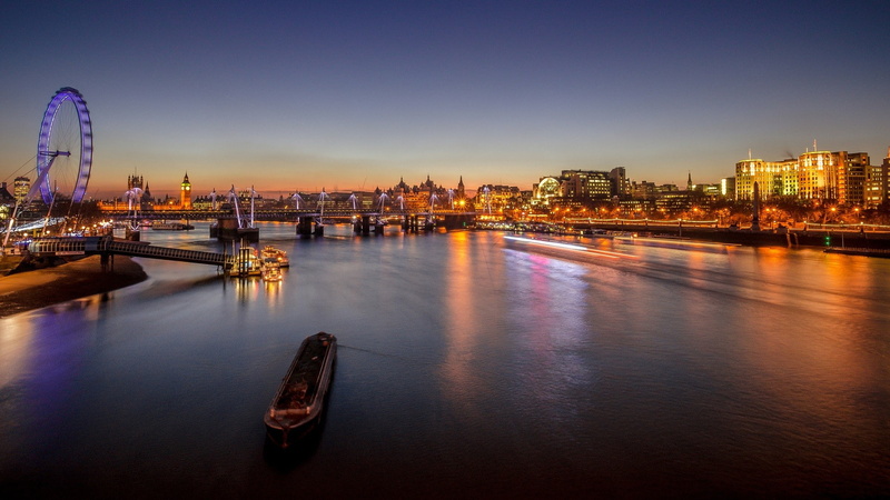 city lights, Big Ben, London Eye, London, lights, England, 1080P, River Thames, river, ferris wheel, bridge, city, cityscape