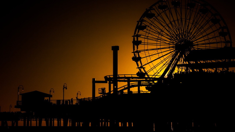 night, outdoors, ferris wheel, orange color, fairground, amusement park, pier, copy space, street light, sunset, black, clear sky, arts culture and entertainment