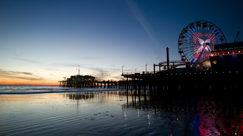 pier, 4K, ferris wheel, beach, sunset, sea
