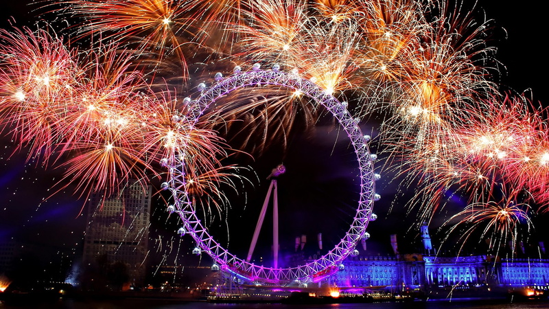 purple, Night, Fireworks, Ferris, City, Wheel, 1080P
