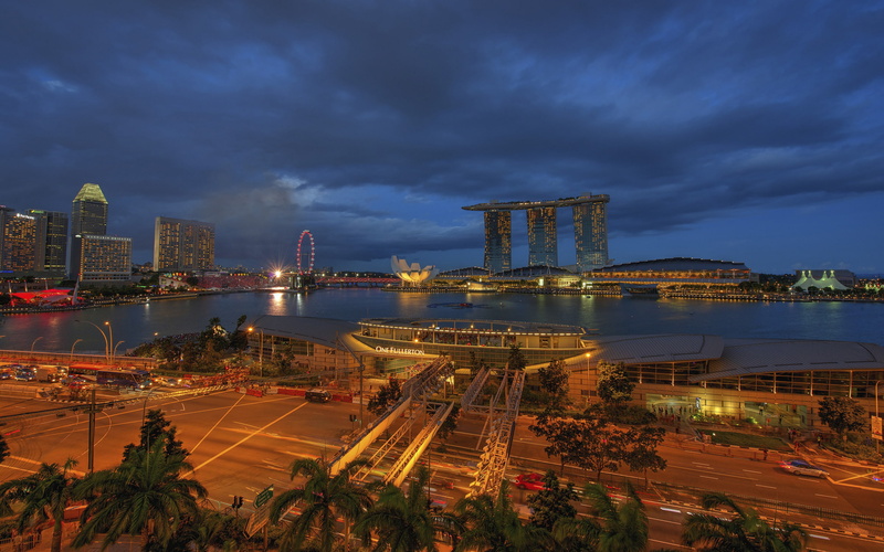 skyscrapers, 2K, night, singapore, cityscape, buildings, ferris, hd, wheel