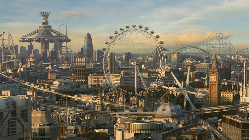 rollercoasters, city, cityscape, Big Ben, London Eye, ferris wheel, 1080P, concept art, CGI, digital art, futuristic, theme parks, London