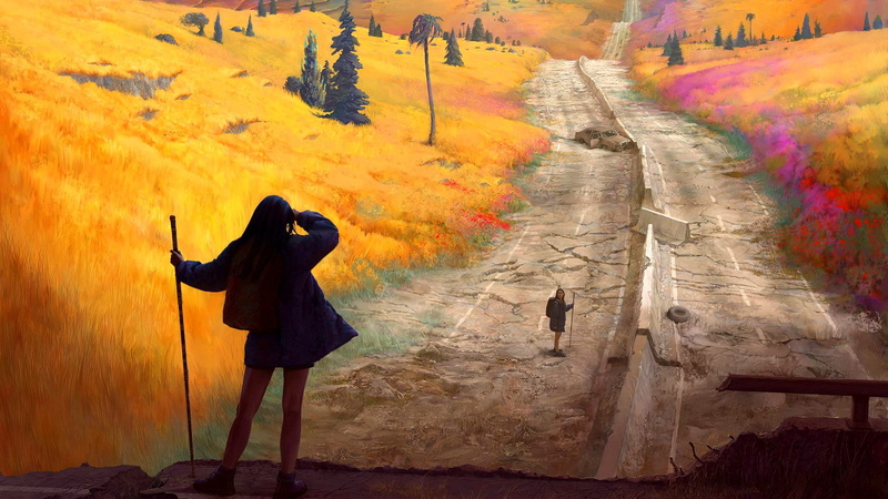 colorful, artwork, 1080P, road, apocalyptic, abandoned, walking, women, nature
