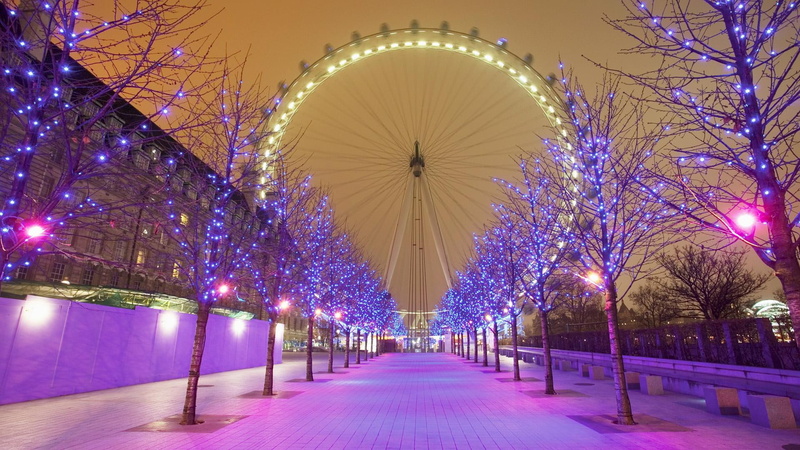 ferris wheel, xmas, purple, nature and landscapes, lights, christmas, eye, trees, london, 1080P, street