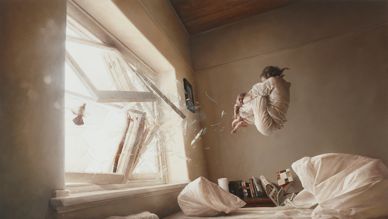 architecture, one person, hanging, indoors, ceiling, wall - building feature, lifestyles, leisure activity, real people, furniture, domestic room, broken glass