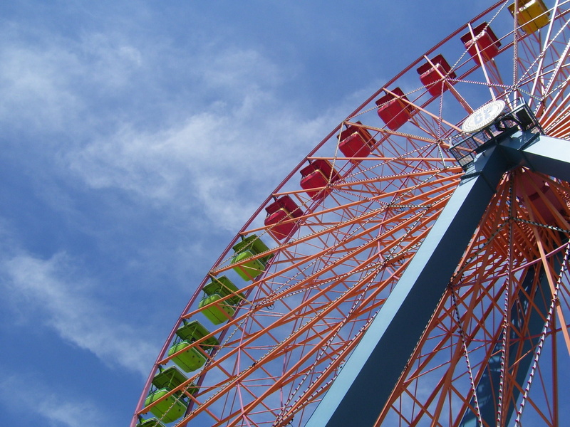 low angle view, leisure activity, entertainment, ride, cedar, fairground, park, 2K, wheel, fair, metal, traveling carnival, rides, blue, built structure