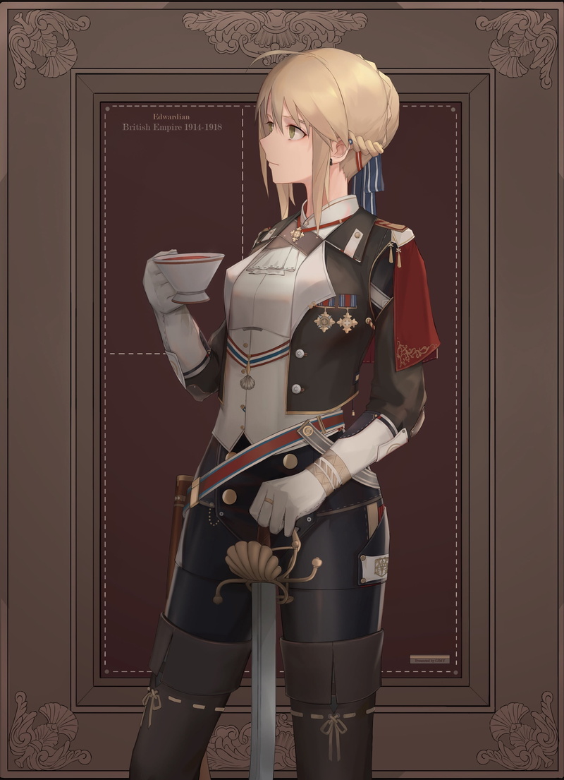 2K, fantasy girl, anime girls, Arturia Pendragon, Fate/Stay Night, tea, blond hair, Saber, Fate Series, world war