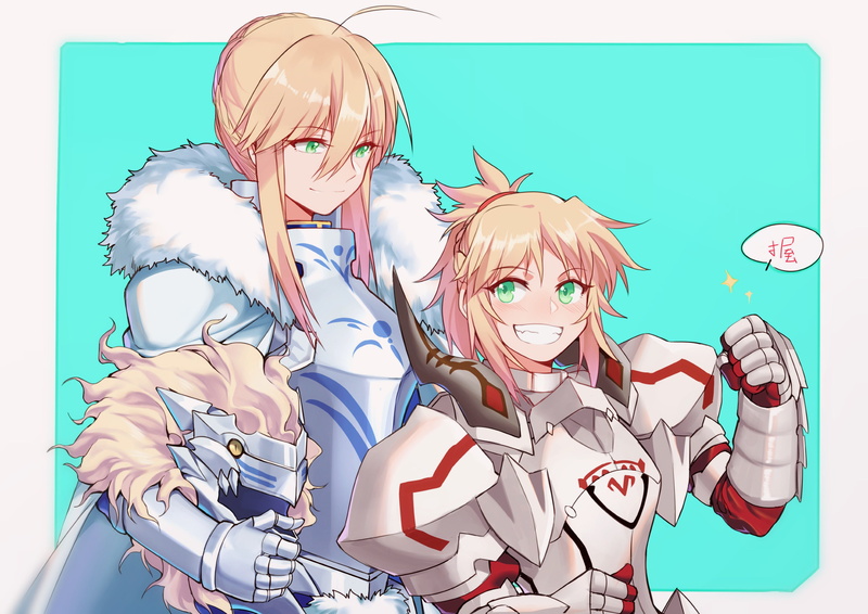 arturia, 2girls, pendragon, yorukun, mordred, green, 247274, blonde, eyes, (series), ponytail, fate, konachan, 2K, order, hair, blush, com, grand, gloves