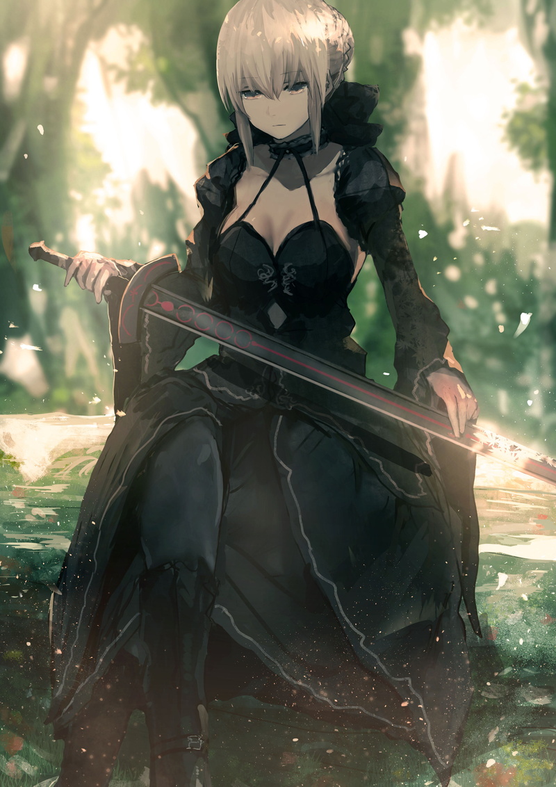 Fate Series, Arturia Pendragon, fate/stay night: heavens feel, Saber Alter, black dress, fantasy weapon, black stockings, digital art, 2K, Fate/Stay Night