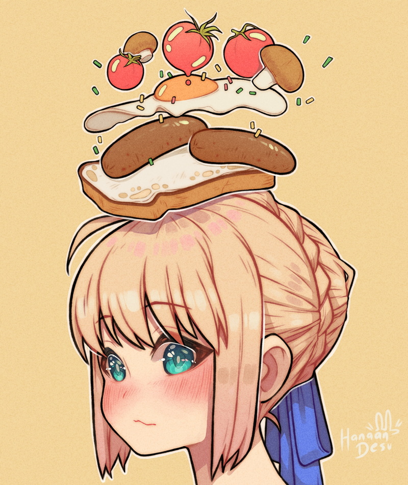 braided hair, 720P, blushing, Fate/Stay Night, blond hair, fan art, vertical, breakfast, anime girls eating, Fate Series, Saber, green eyes, simple background