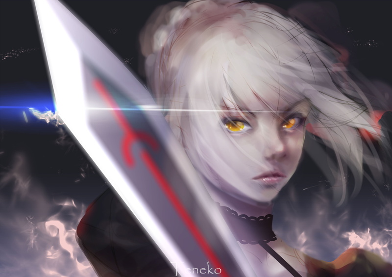 black dress, 4K, Arturia Pendragon, anime girls, Fate Series, women with swords, blond hair, yellow eyes, 2D, looking at viewer, Excalibur, Saber Alter