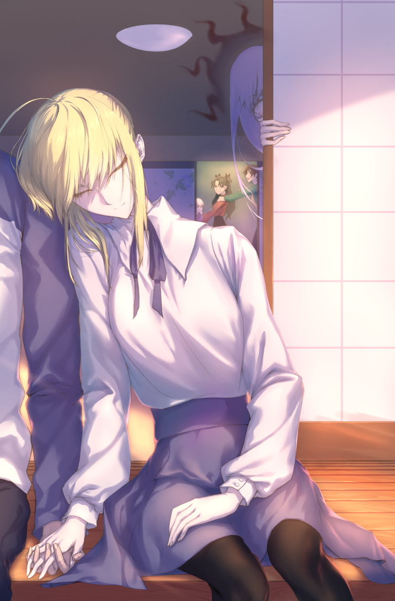 vertical, blond hair, 2K, sleeping, Fujimura Taiga, anime girls, FGO, anime boys, Shirou Emiya, purple hair, Tohsaka Rin, Matou Sakura, long hair, brunette