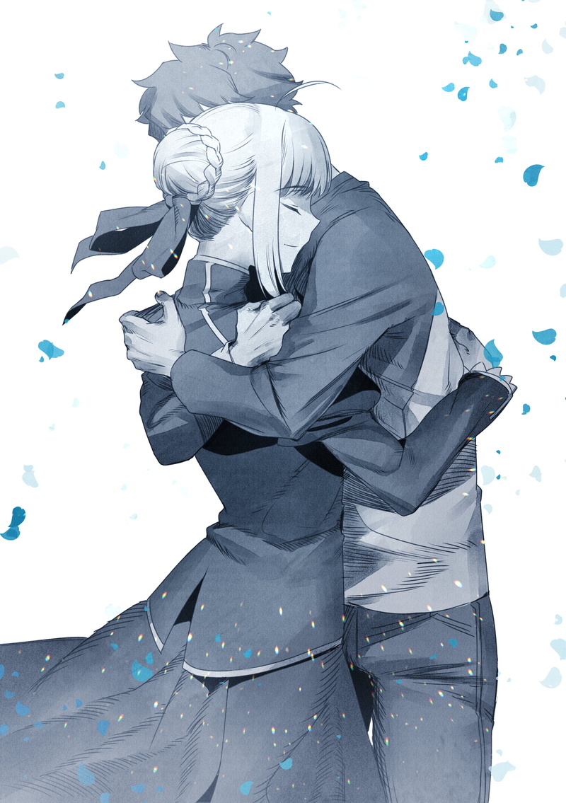 Fate Series, Arturia Pendragon, anime boys, blond hair, Shirou Emiya, hugging, simple background, FGO, couple, braided hair, closed eyes, 2K, 2D, Saber