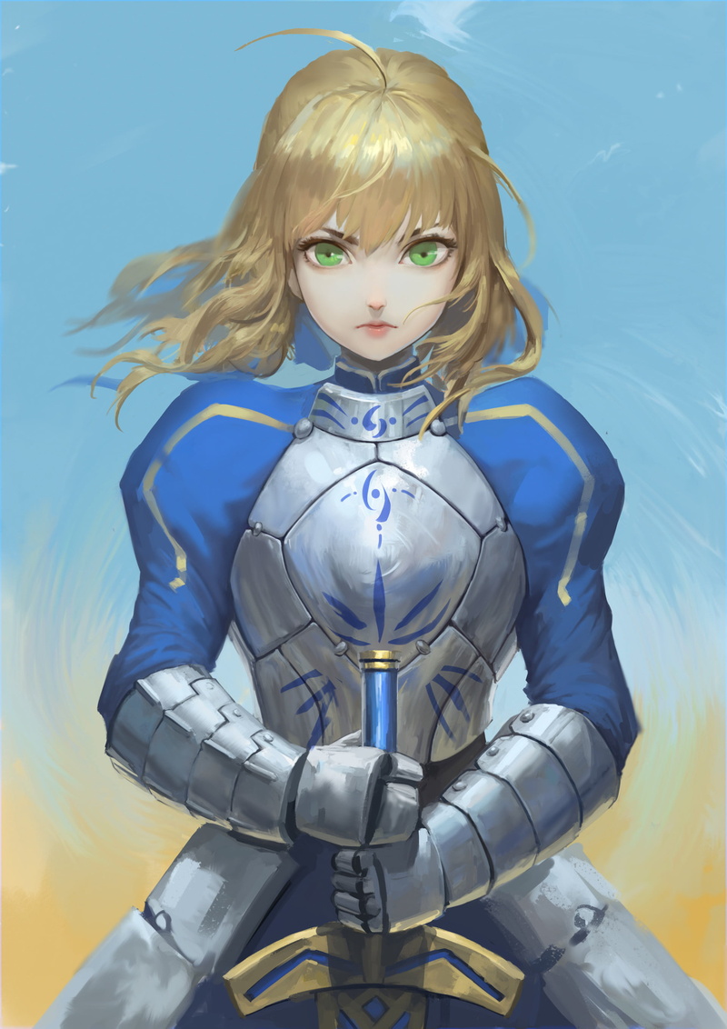 Fate Series, fantasy weapon, Saber, blond hair, Fate/Stay Night, fantasy armor, Arturia Pendragon, long hair, anime girls, 2K, green eyes, simple background