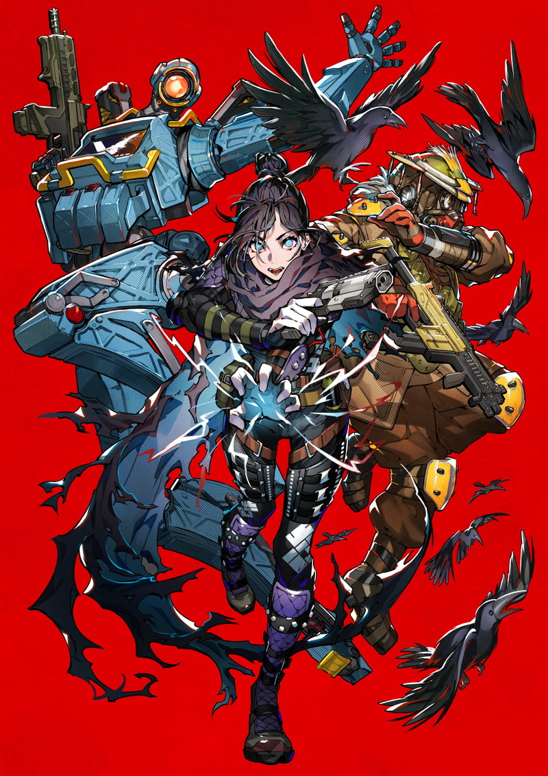 video game art, vertical, red background, mika pikazo, Apex Legends, 720P, simple background