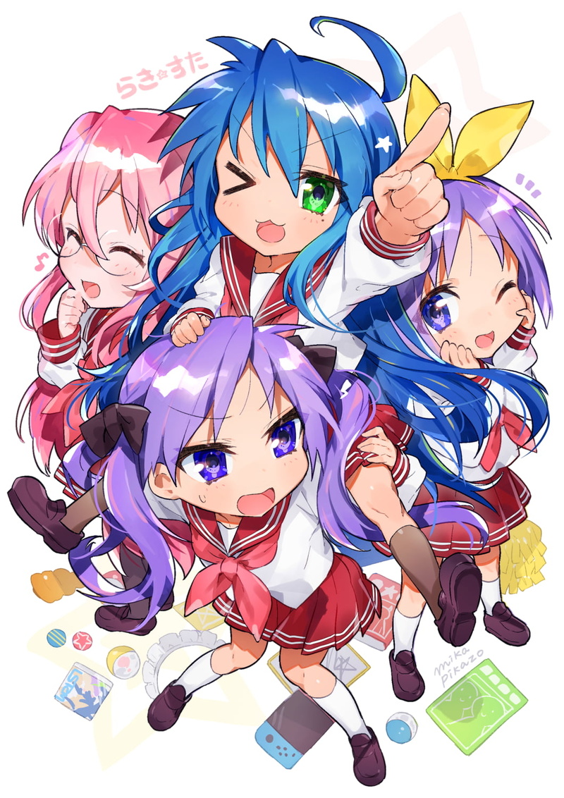 Nintendo Switch, Lucky Star, 720P, mika pikazo, Takara Miyuki, Hiiragi Kagami, anime, Izumi Konata, simple background, anime girls, Hiiragi Tsukasa
