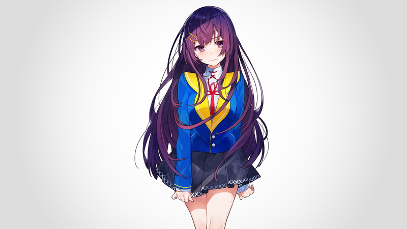 drawing, digital art, simple background, school uniform, purple hair, mika pikazo, 2D, anime, 1080P, artwork, anime girls, vignette, white background