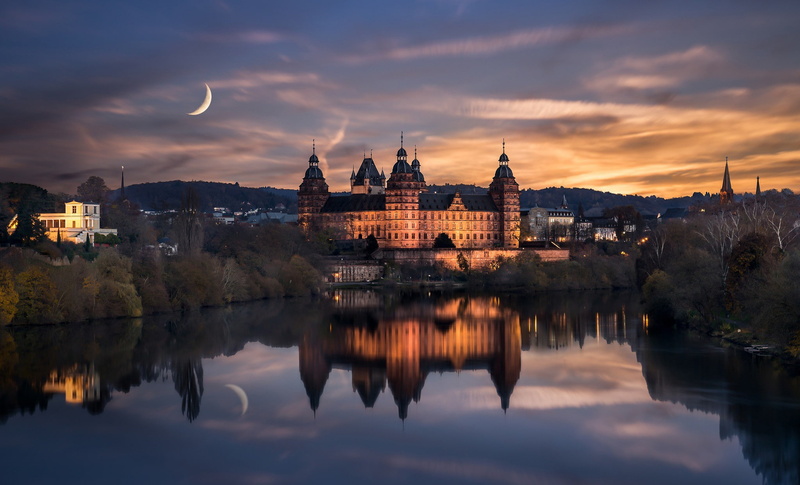 moon, cirrus, reflection, Germany, body, a Renaissance castle, clouds, building, concrete, the city of Aschaffenburg, Johannesburg, water, 1080P, night