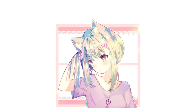 original characters, blonde, brown eyes, nekomimi, pink dress, 1080P, anime girls