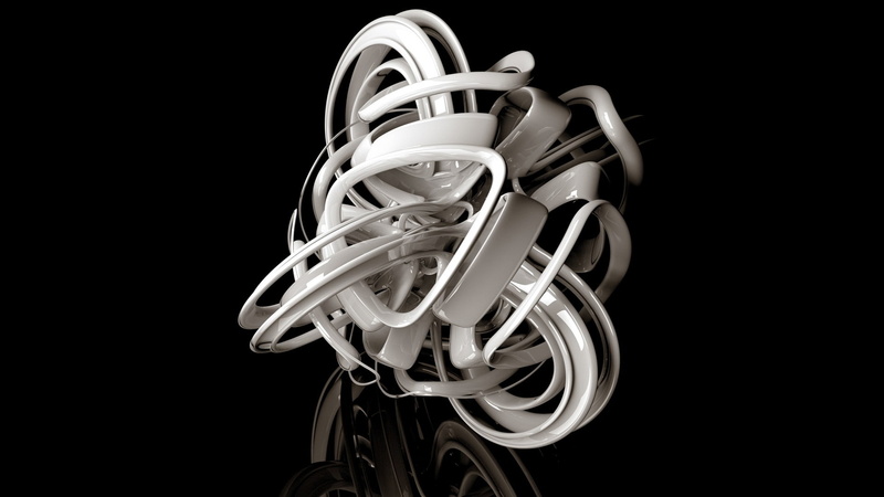 3D, tangled, reflection, electricity, digital art, white, indoors, no people, technology, metal, spiral, man made object, black background, studio shot