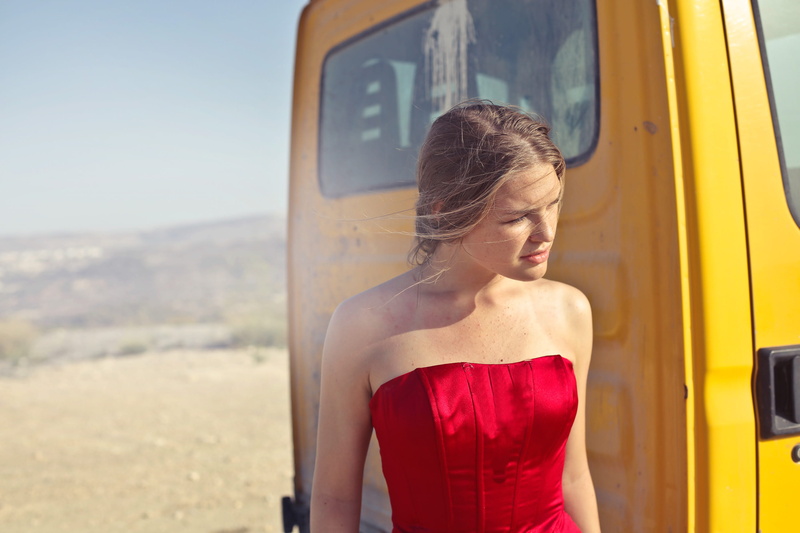 beautiful woman, elegant, near, modern, lifestyle, female, photograph, model, clothing, caucasian, professional, beauty, window, yellow truck, red dress