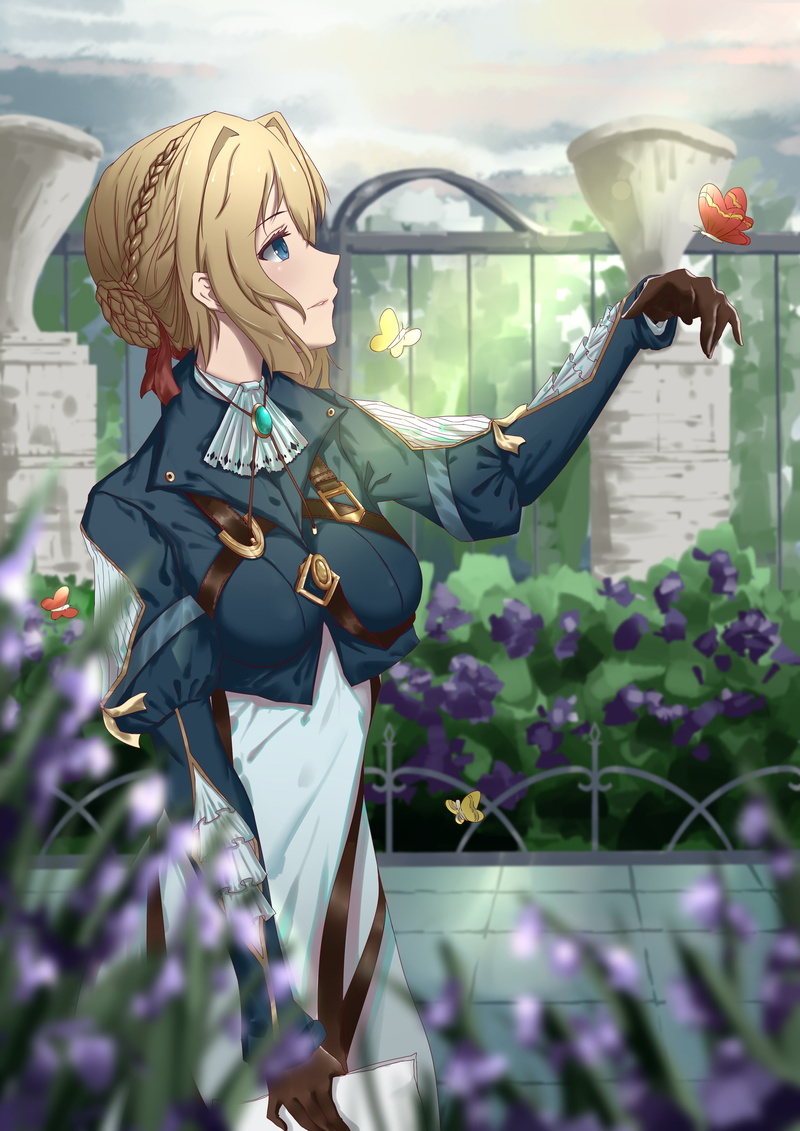 profile view, retail display, adult, standing, Anime, store, one person, blonde, butterfly, flowers, consumerism, clothing, glass - material, outdoors