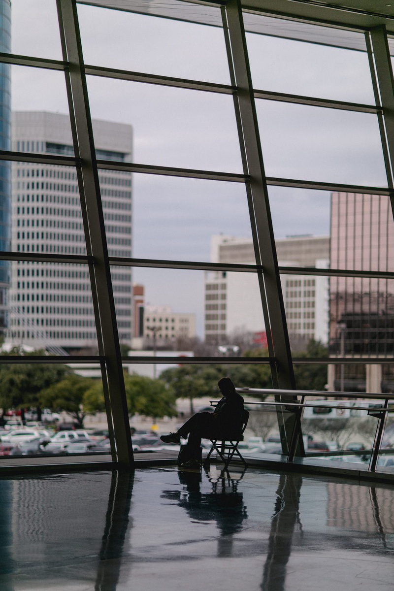 reflection, sky, building, built structure, chair, view, domestic animals, interior, space, mammal, glass - material, besides, transportation, skyscraper