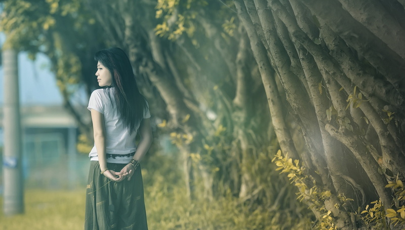 land, Asian, young adult, rear view, real people, outdoors, tree, hairstyle, 2K, brunette, beautiful woman, women, young women, focus on foreground, casual clothing