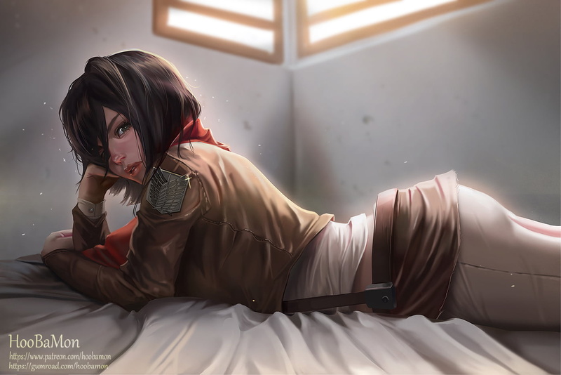720P, Mikasa Ackerman, white jeans, green eyes, HooBaMon, black hair, digital art, fan art, ass, thighhighs, anime girls, 2D, scarf, short hair, Shingeki no Kyojin