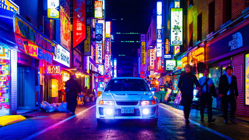 night, frontal view, JDM, white cars, Japan, Headlights, city, neon, 2K, Mitsubishi Lancer Evo V