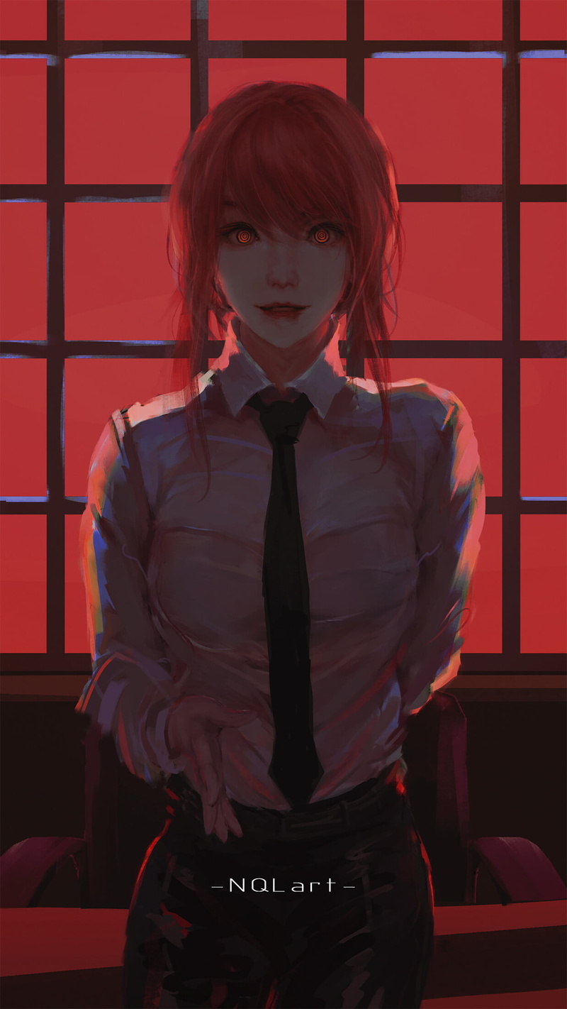redhead, vertical, shirt, NQL art, frontal view, fan art, anime, anime girls, Makima (Chainsaw Man), women, office uniform, digital art, 1080P, ArtStation