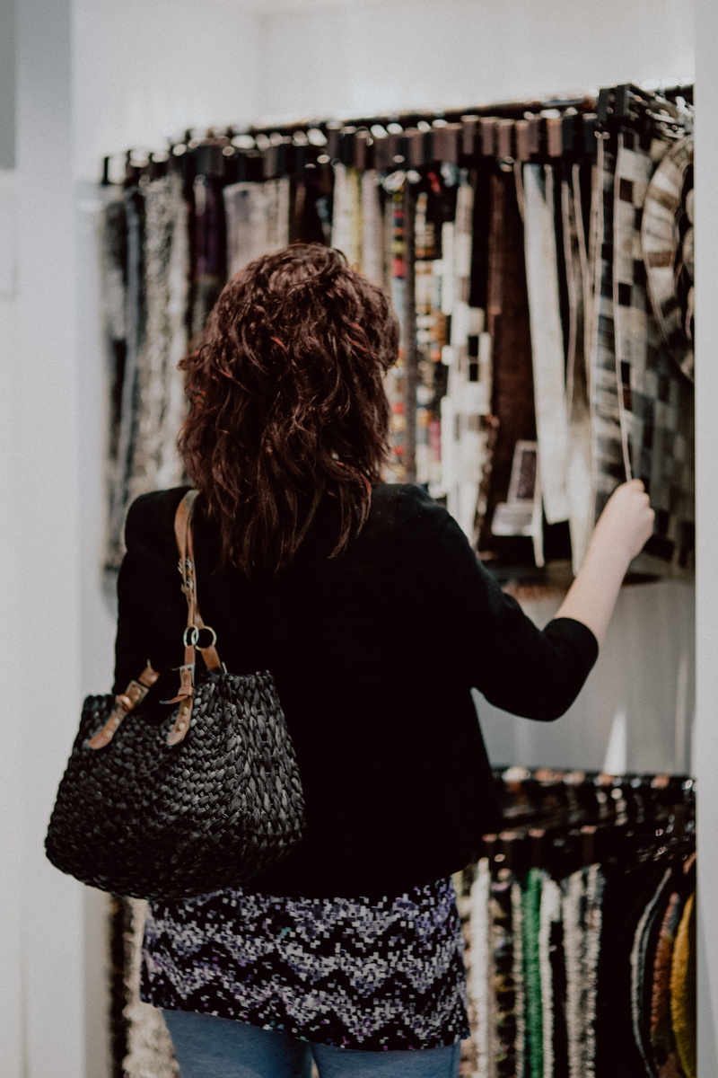 hairstyle, curtain, indoors, samples, rear view, waist up, real people, clothing, upholstery, standing, 5K, fashion, adult, fabrics, retail, choice, hair