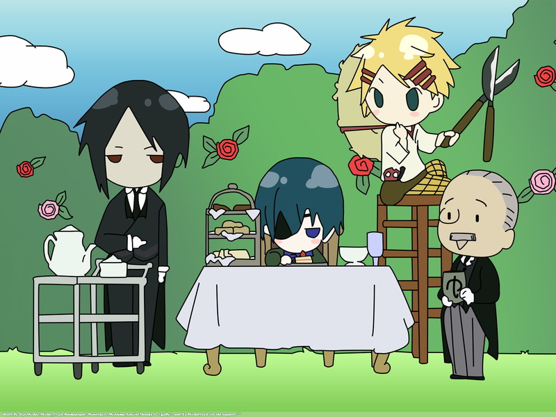 eyepatch, anime, finnian, clouds, sebastian, cakes, ciel, 720P, phantomhive, boys, chibi, tea, kuroshitsuji, michaelis, tanaka