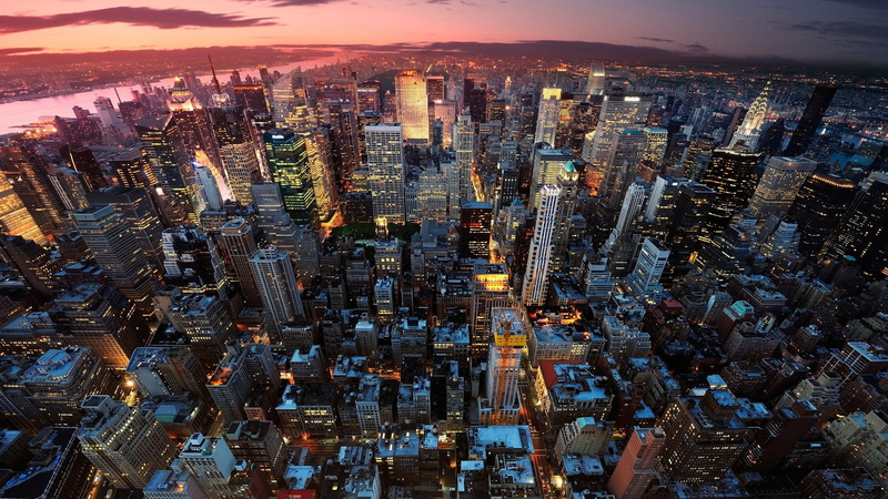 aerial view, outdoors, lot, cityscape, sky, downtown district, urban skyline, 1080P, New York City, landscape, financial district, building exterior, crowded