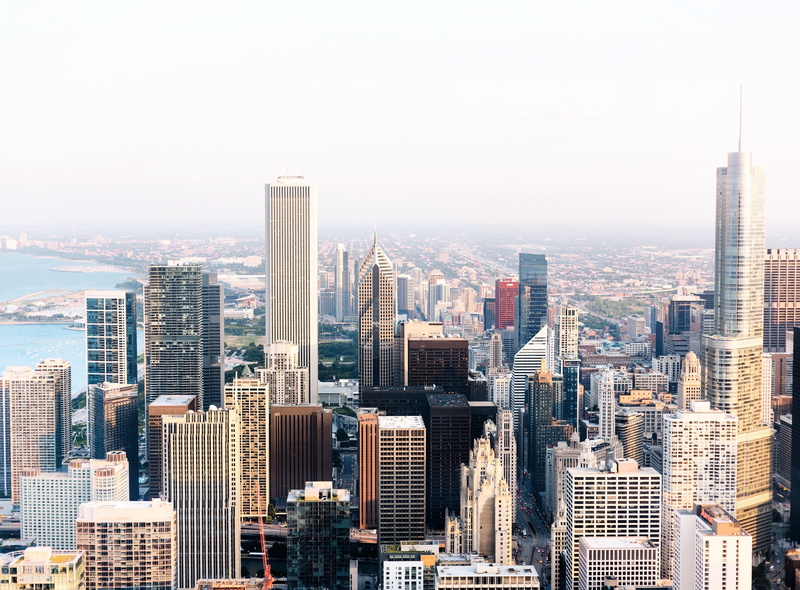 Chicago, built structure, sky, outdoors, high angle view, window, architecture, city life, blue, floral, tower, building, cityscape, city, tall - high