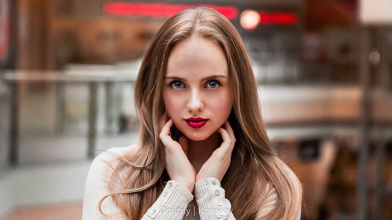 Dmitry Korneev, straight hair, long hair, looking at viewer, blonde, 1080P, Dmitriy Korneev, model, depth of field, portrait, women, face, makeup, blue