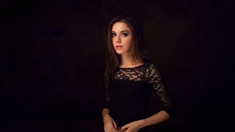 Dmitriy Korneev, black clothing, dress, makeup, long hair, simple background, Ksenia Kokoreva, 720P, women, brunette, looking at viewer, dark