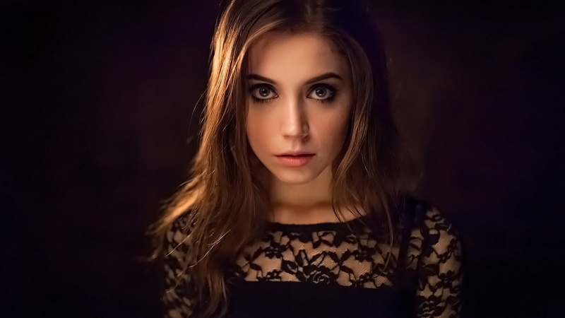 looking at viewer, women, black clothing, long hair, dark, blouse, brunette, eyeliner, portrait, 720P, Dmitriy Korneev, Ksenia Kokoreva