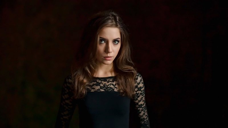 women, makeup, brunette, black clothing, long hair, dress, 720P, Dmitriy Korneev, simple background, looking at viewer, brown eyes, dark, portrait