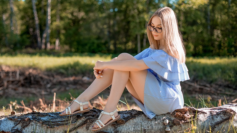 dress, long hair, tree bark, straight hair, nature, Dmitriy Korneev, glasses, blonde, stripes, 720P, bare shoulders, sandals, women