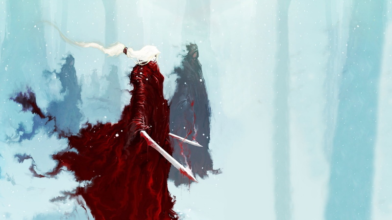 swords, cold temperature, holding, illustration, snowing, sword, red, one person, real people, leisure activity, snow, aaron nakahara, day, frozen, haired