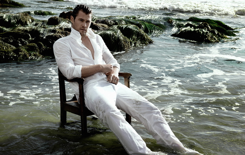 young adult, Yu Tsai, water, sitting, Chris Hemsworth, front view, casual clothing, in the water, resting, journal, on the chair, costume, outdoors, day