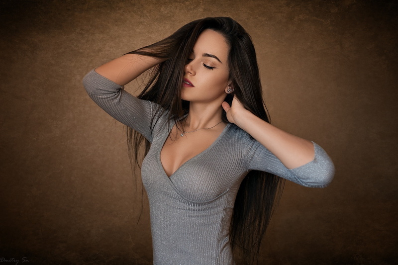 1080P, is, pose, makeup, hairstyle, girl, brunette, Katya, background, closing his eyes, dress, beautiful, Dmitry Sn
