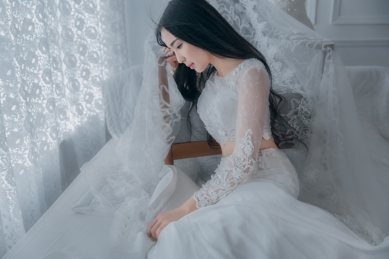 brunette, white, wedding dress, 5K, sitting, chair, graceful, curtains, luxury, Asian, style, room, pose, light background, girl, face, portrait, long-haired