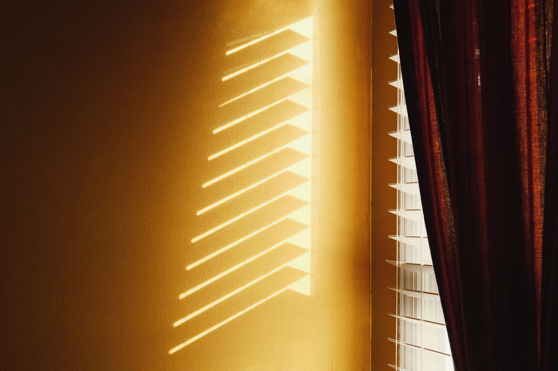 drape, built structure, window, red, low angle view, light, lighting equipment, window shade, sunlight, home interior, window blind, 5K, architecture