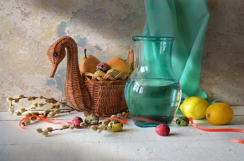 drape, Bright Week, table, Utica, still life, Holiday, fruit, eggs, pear, 4K, Verba, basket, tape, pitcher, lemons