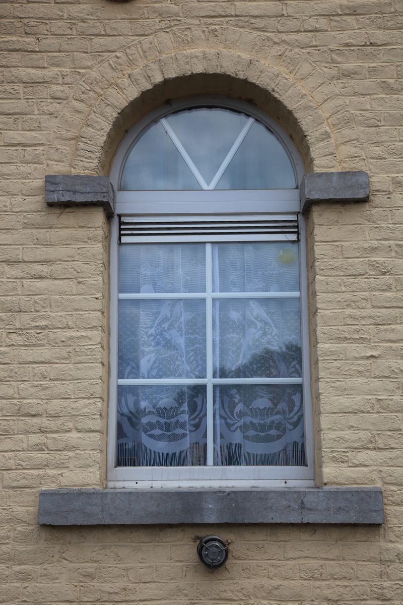 blue, wall - building feature, wood - material, outdoors, drapes, house, no people, ornate, security, low angle view, shape, closed, safety, window, day