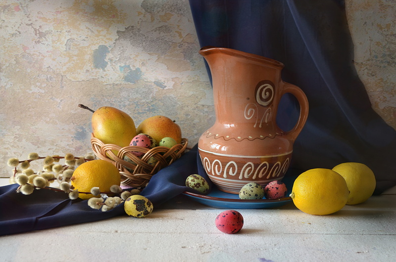 drape, lemons, Verba, holiday, 4K, pitcher, Still life, basket, egg, table, pear, Easter